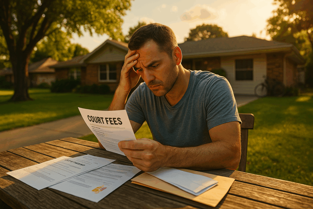 Person reviewing financial documents and calculator for court fee waiver eligibility assessment