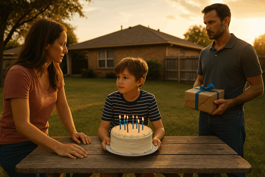 A young boy celebrates his birthday outdoors with both divorced parents nearby—one holding a cake, the other a gift—capturing a warm, emotional Texas family moment that reflects co-parenting and child support themes.