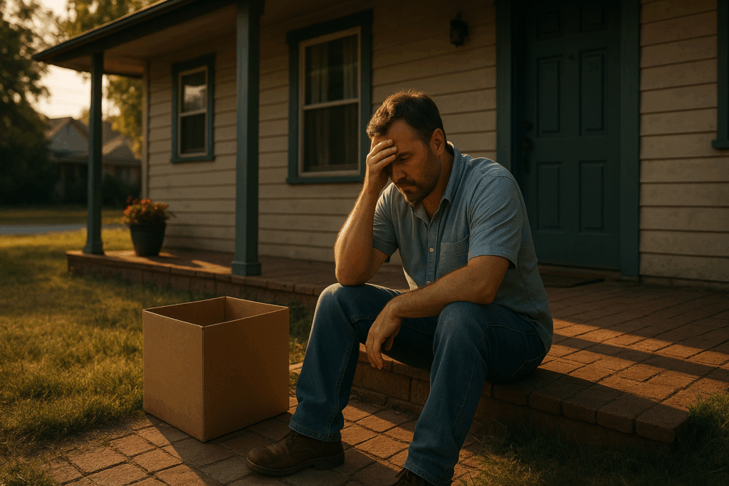 A Texas father sits on his front porch at sunset, worried after losing his job, symbolizing the stress of child support obligations and financial uncertainty.