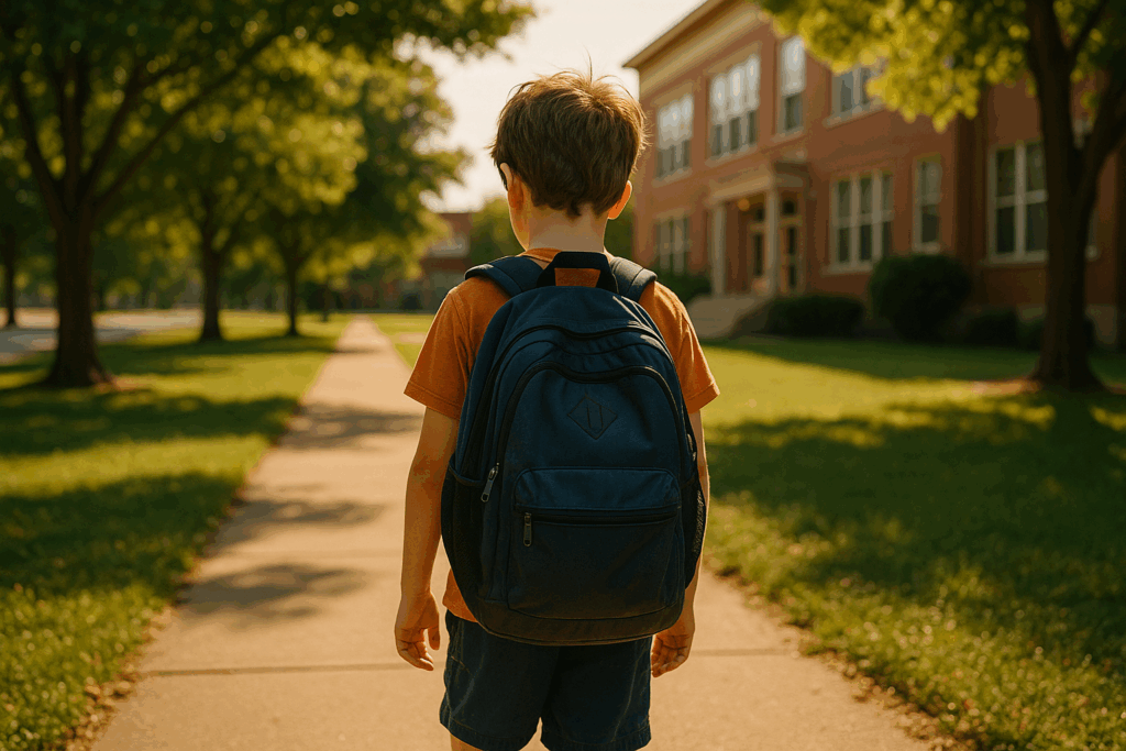 Child walking with heavy school backpack symbolizing the emotional and academic challenges of divorce, child support, and custody.