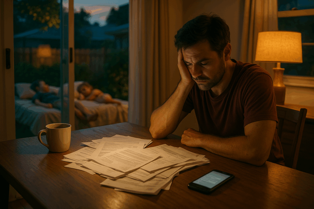 A tired parent sits at a kitchen table on a summer evening surrounded by bills, coffee, and a glowing phone, reflecting on family finances.