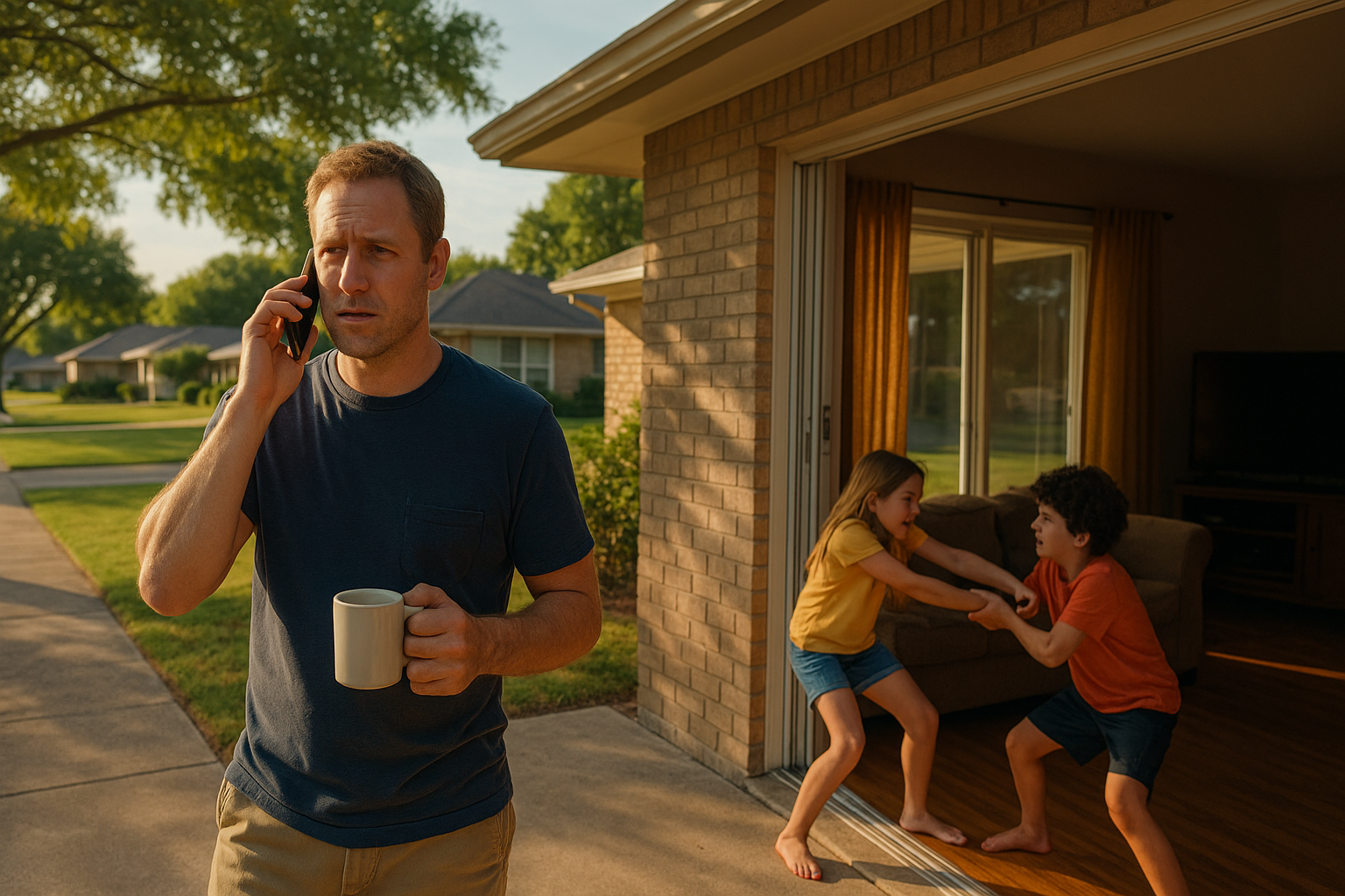 A father in a Texas neighborhood stands outside with coffee and a phone while his children playfully argue indoors on a sunny summer morning.