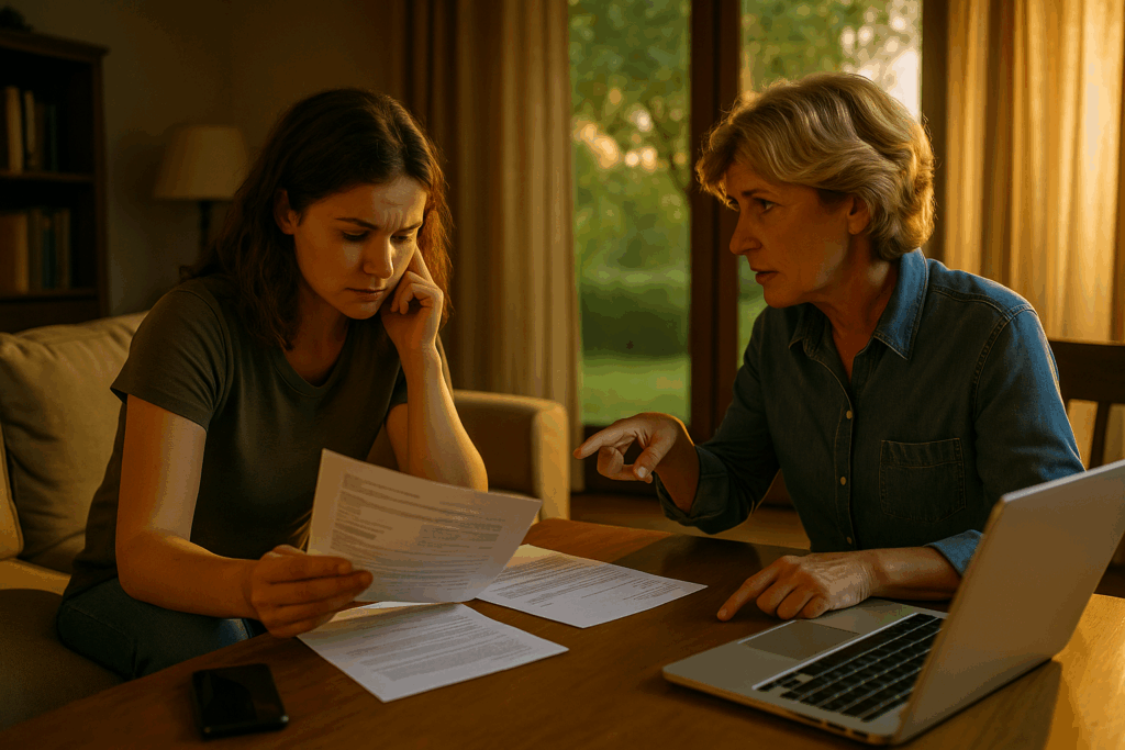 Two women sit at a wooden table in a warmly lit living room on a Texas summer afternoon, reviewing financial documents.
