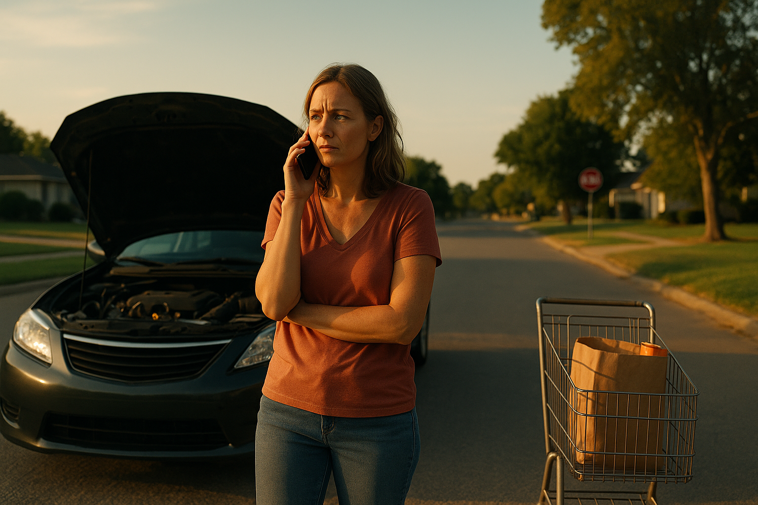 A worried parent stands beside a broken-down car on a sunny Texas street while talking on the phone, symbolizing real-life stress before seeking a child support consultation.
