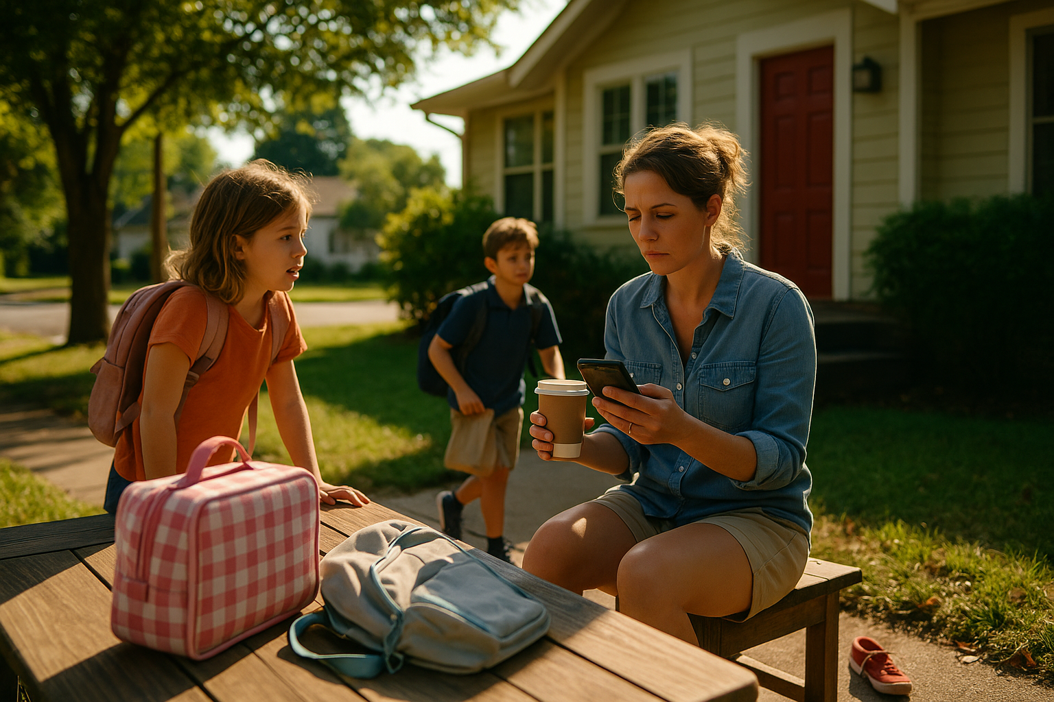 A Texas mom multitasking on a summer morning—checking her phone and coffee in hand while her kids prepare for school, symbolizing the challenges of enforcing child support and balancing family life.