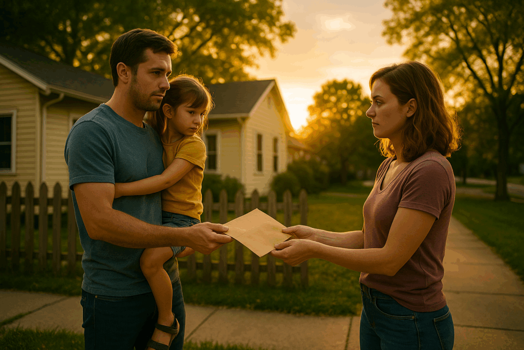A father and mother stand outside their Texas home at sunset, exchanging an envelope while their young daughter rests in the father’s arms. The golden summer light creates a cinematic, emotional scene that represents fairness, balance, and responsibility in child support decisions.