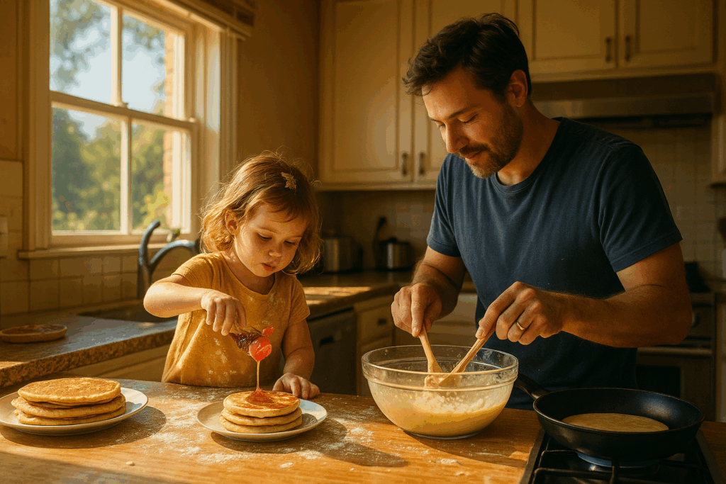 A warm, cinematic photo of a parent and child making pancakes together in a sunny kitchen, symbolizing family, care, and new beginnings.
