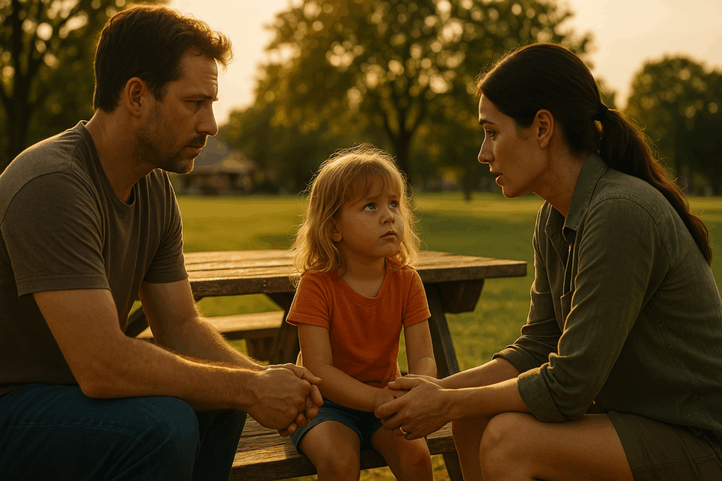 A thoughtful moment between separated parents talking with their young child at a picnic table in a Texas park during summer, symbolizing understanding and cooperation in the child support process.