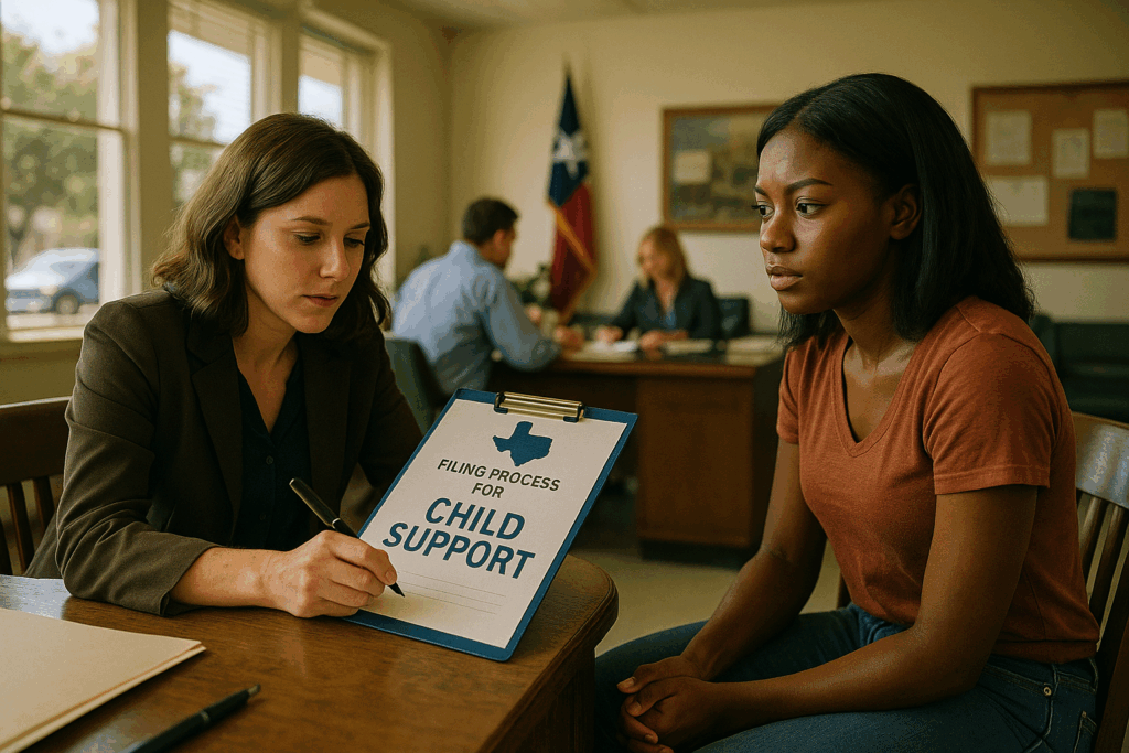The filing process for child support in Texas, depicted through a visual representation.