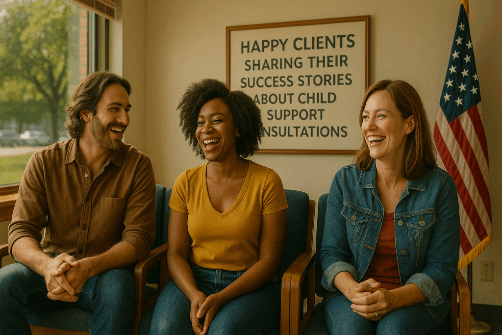 Happy clients sharing their success stories about child support consultations.