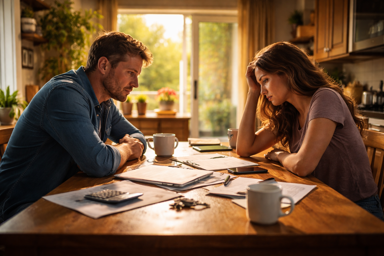 Married couple sitting across from each other at a kitchen table reviewing paperwork during a contested divorce discussion in Texas