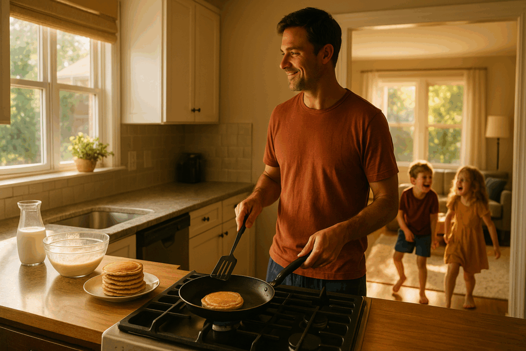 A father flipping pancakes in a bright Houston kitchen on a summer morning while his children laugh in the living room, symbolizing family balance and daily life.