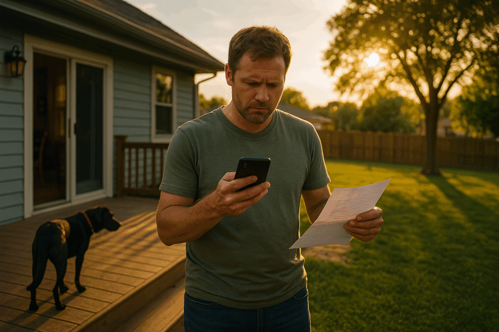 A concerned parent stands outside his Texas home on a summer morning, holding a layoff notice and checking his phone, symbolizing sudden income changes that affect child support obligations.