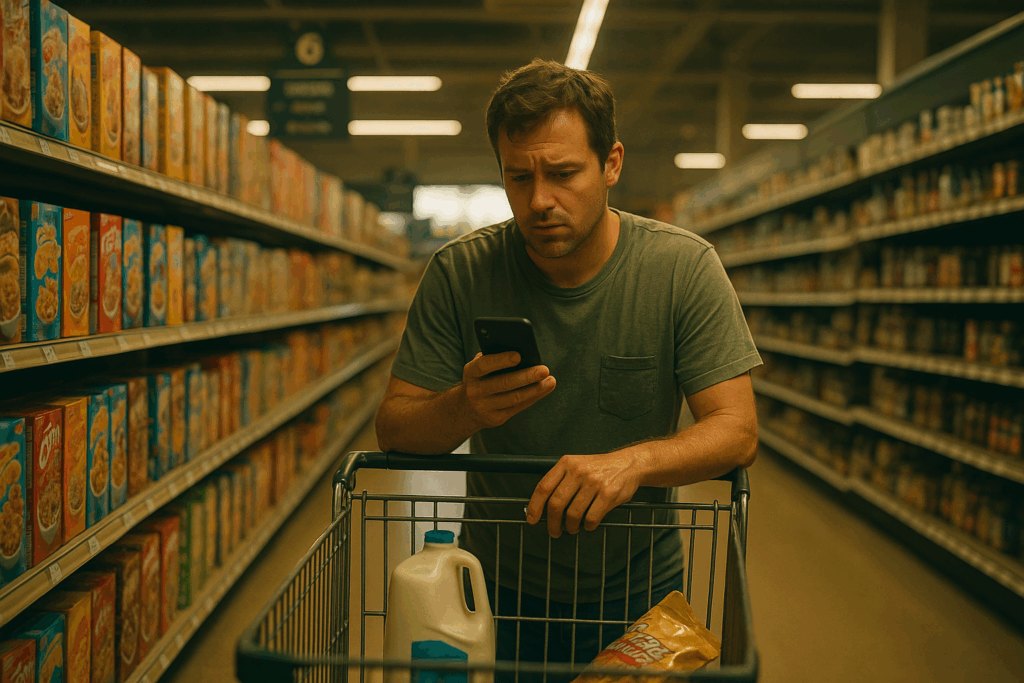 A worried father reads a job loss email on his phone while standing in a grocery store aisle with a shopping cart, symbolizing financial stress and the need for Texas child support modification advice.