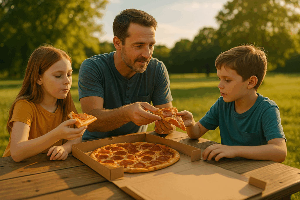 Father sharing pizza with two kids outdoors during summer—symbolizing family connection, balance, and child support cooperation.