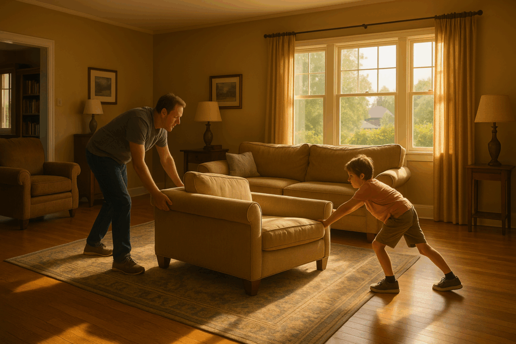 Father and son rearranging furniture in a sunlit living room, symbolizing family changes and their impact on stability.