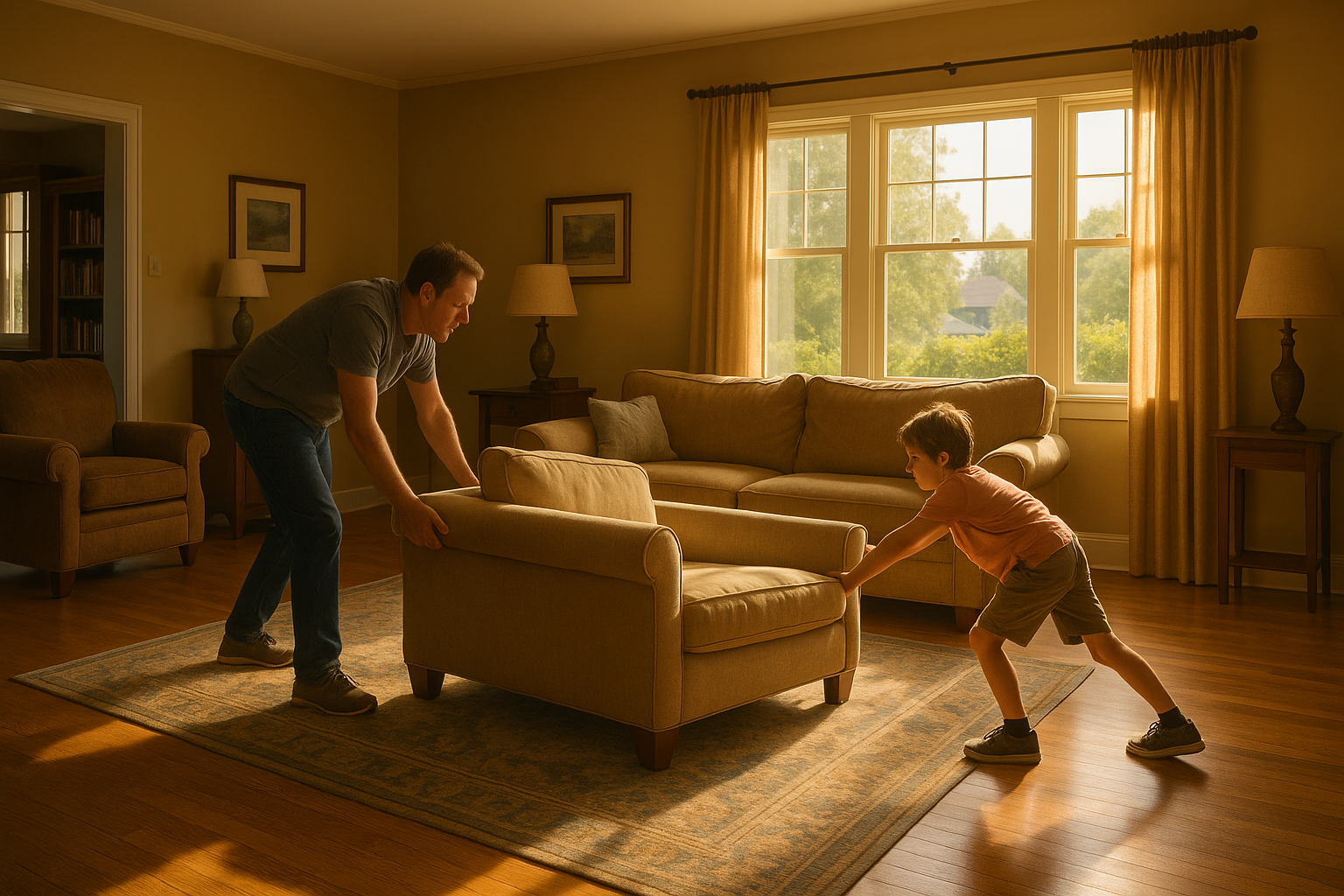 Father and son rearranging furniture in a sunlit living room, symbolizing family changes and their impact on stability.