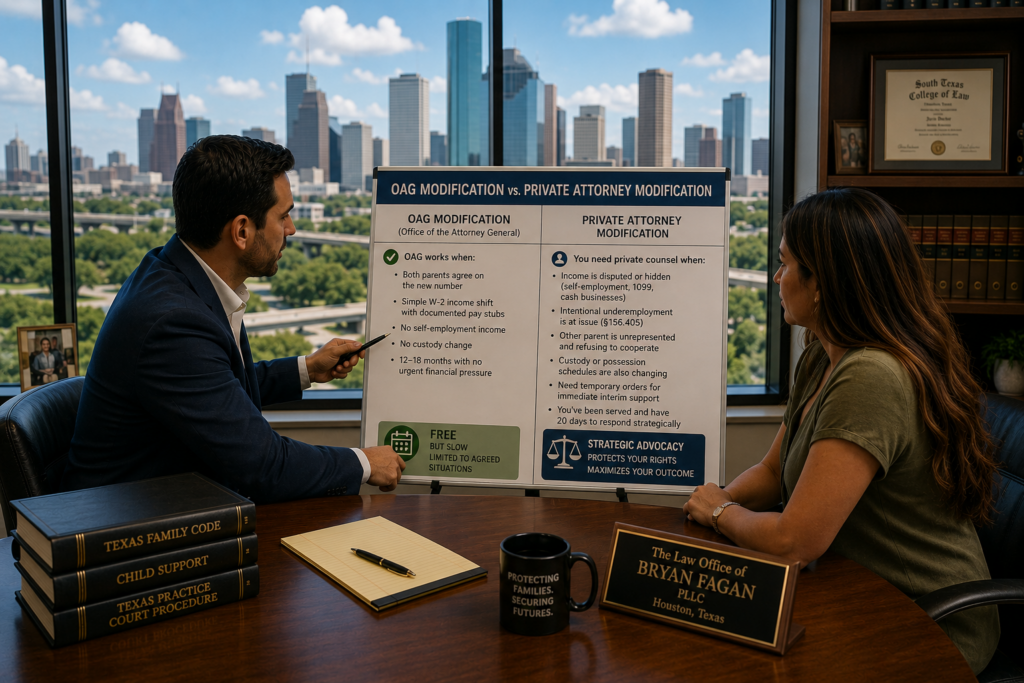 Attorney explaining OAG vs private child support modification options to client in Houston office with comparison chart
