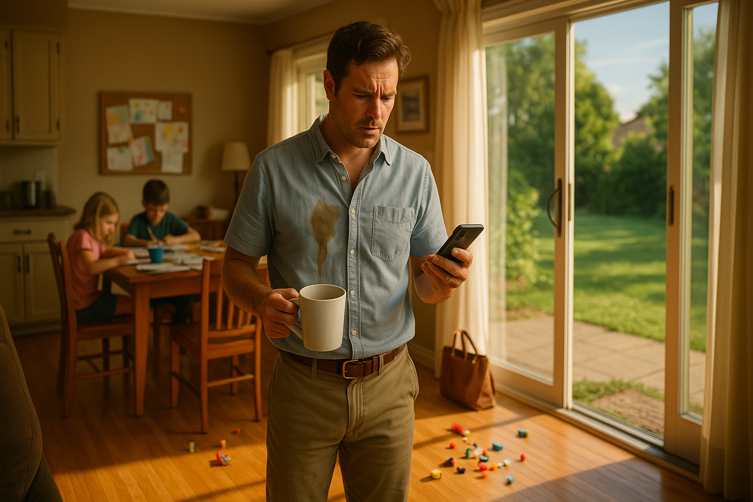 A wide-angle, cinematic photo of a Texas dad standing in a sunlit kitchen on a summer morning with spilled coffee and scattered toys, symbolizing family chaos before clarity.