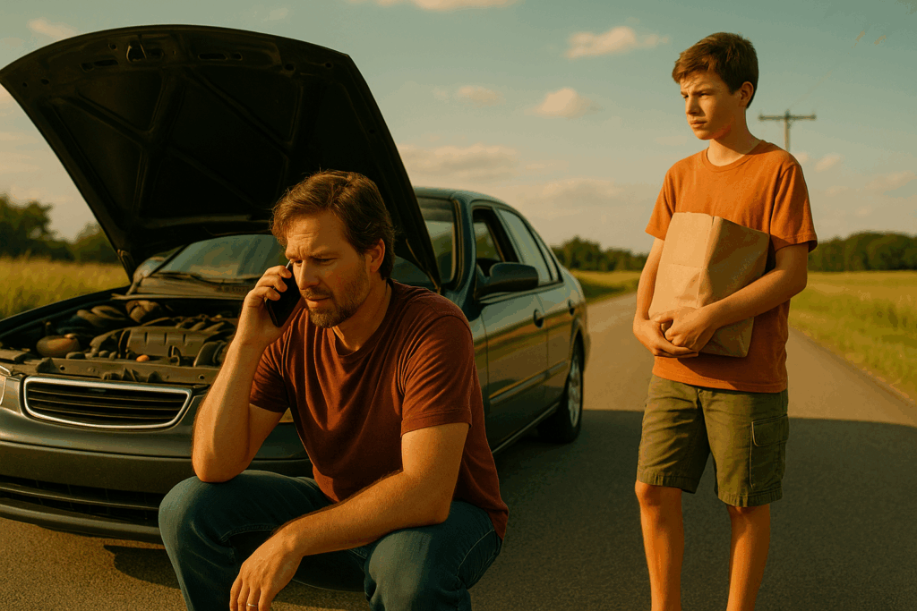 A Texas parent on a sunny summer roadside beside a broken-down car, speaking on the phone while a teen stands nearby with groceries, symbolizing life’s unexpected challenges and family resilience.