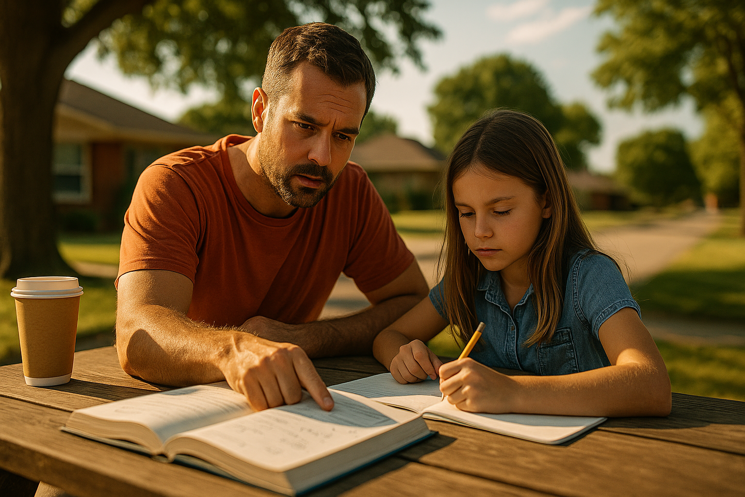 A father helps his daughter with algebra homework outside on a sunny Texas afternoon, symbolizing family connection, education, and the Rights of Fathers in Texas Child Support.