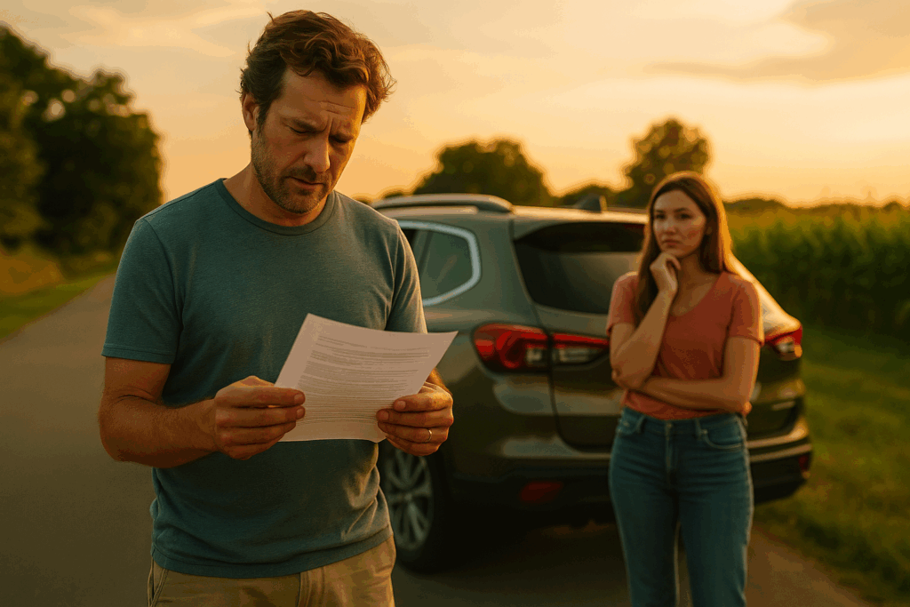 A man reviews child support documents beside his car while a woman stands nearby at sunset, symbolizing parents reassessing their agreement during life changes in Texas.