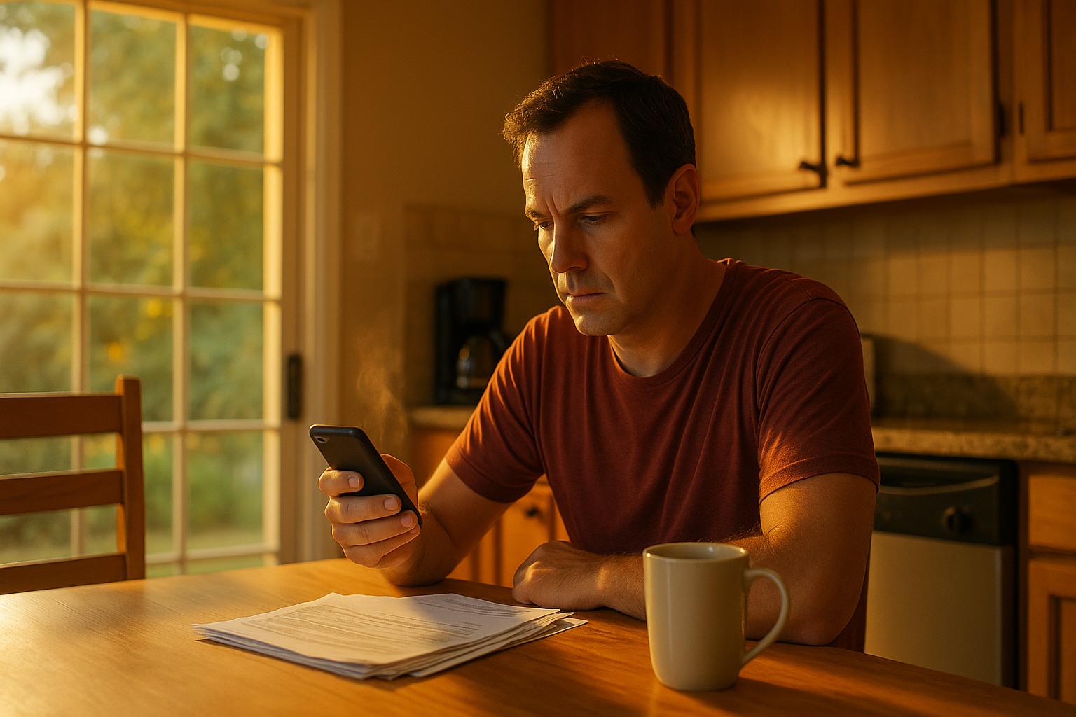 A Houston parent sitting at a kitchen table on a warm summer evening, looking at a phone with concern as bills and a coffee cup sit nearby, representing the stress of managing Texas child support medical insurance requirements after divorce.