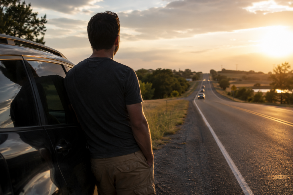 Father standing beside car on long Texas road at sunset reflecting on custody change and distance from child
