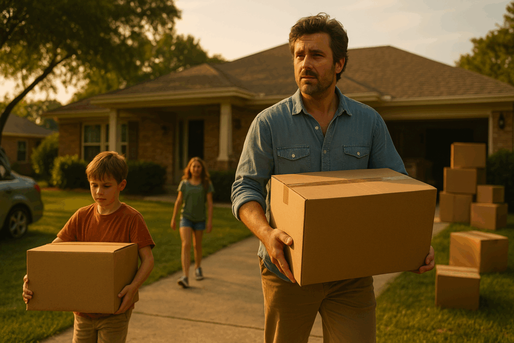 Father and children carrying moving boxes outside a suburban home at sunset, symbolizing life changes and Texas custody modifications