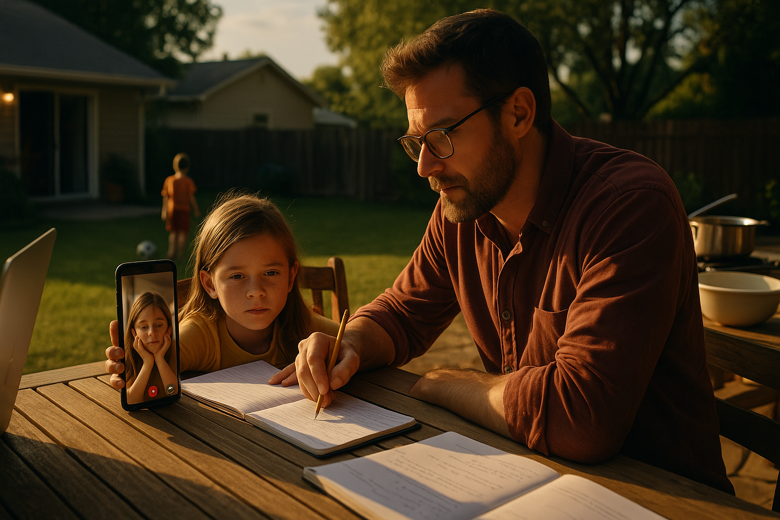 Parent helping child with homework over FaceTime at sunset, symbolizing Texas Family Court non-custodial parenting challenges and academic balance