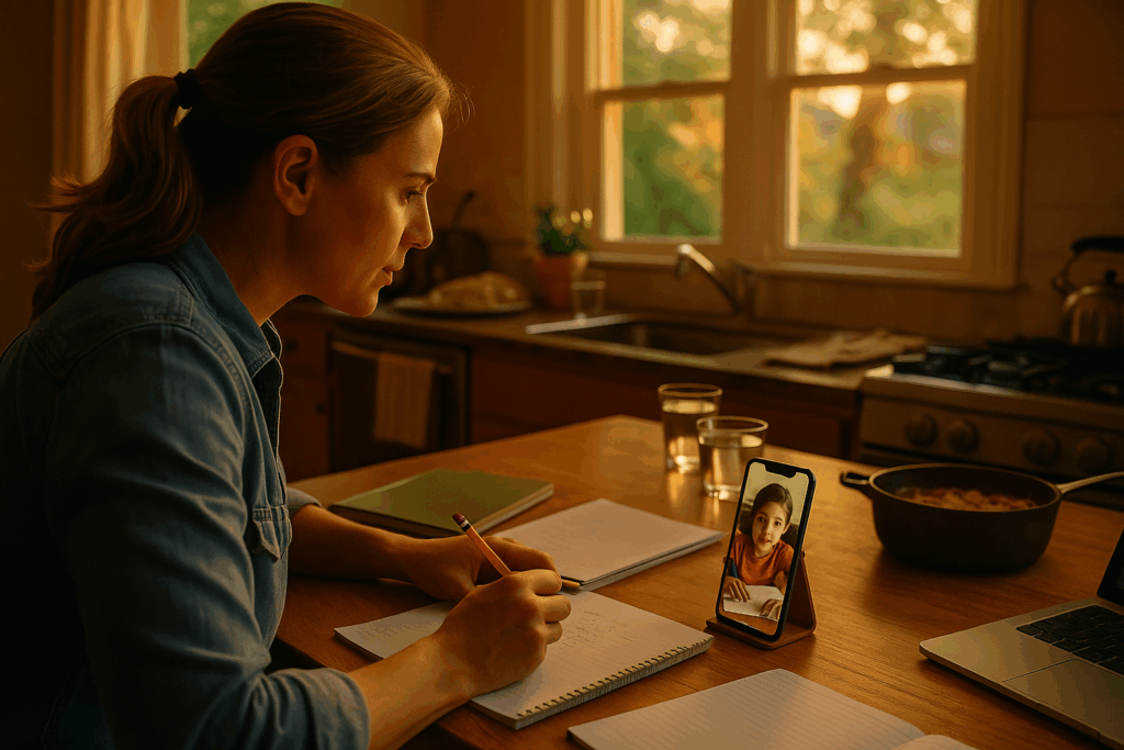 A non-custodial parent in a warm Texas kitchen helps their child with math homework over FaceTime while multitasking work and dinner.