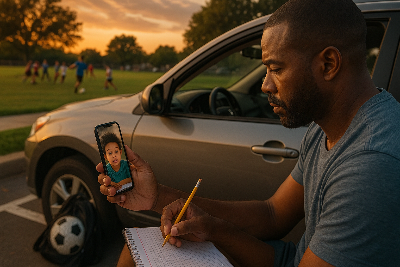 Parent helping child with homework over FaceTime from the car after soccer practice, representing Texas co-parenting life.