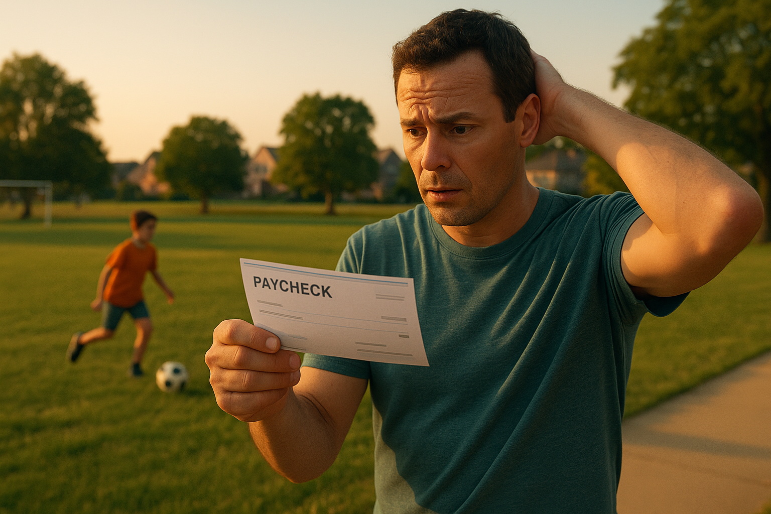 A worried Texas parent looks at his paycheck while his child plays soccer nearby, symbolizing the impact of child support payments after divorce.