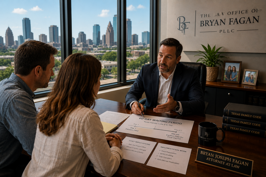 Family law attorney explaining the 60-day waiting period and divorce timeline to a couple in a modern Texas office