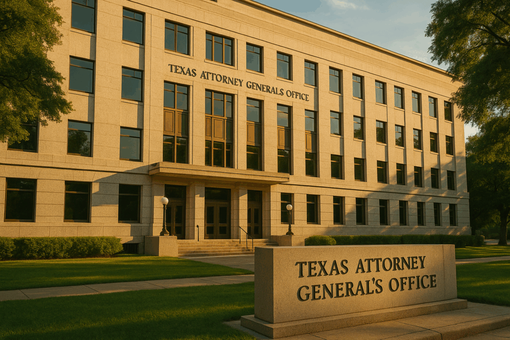 The Texas Attorney General's Office building, representing legal support for child support issues.