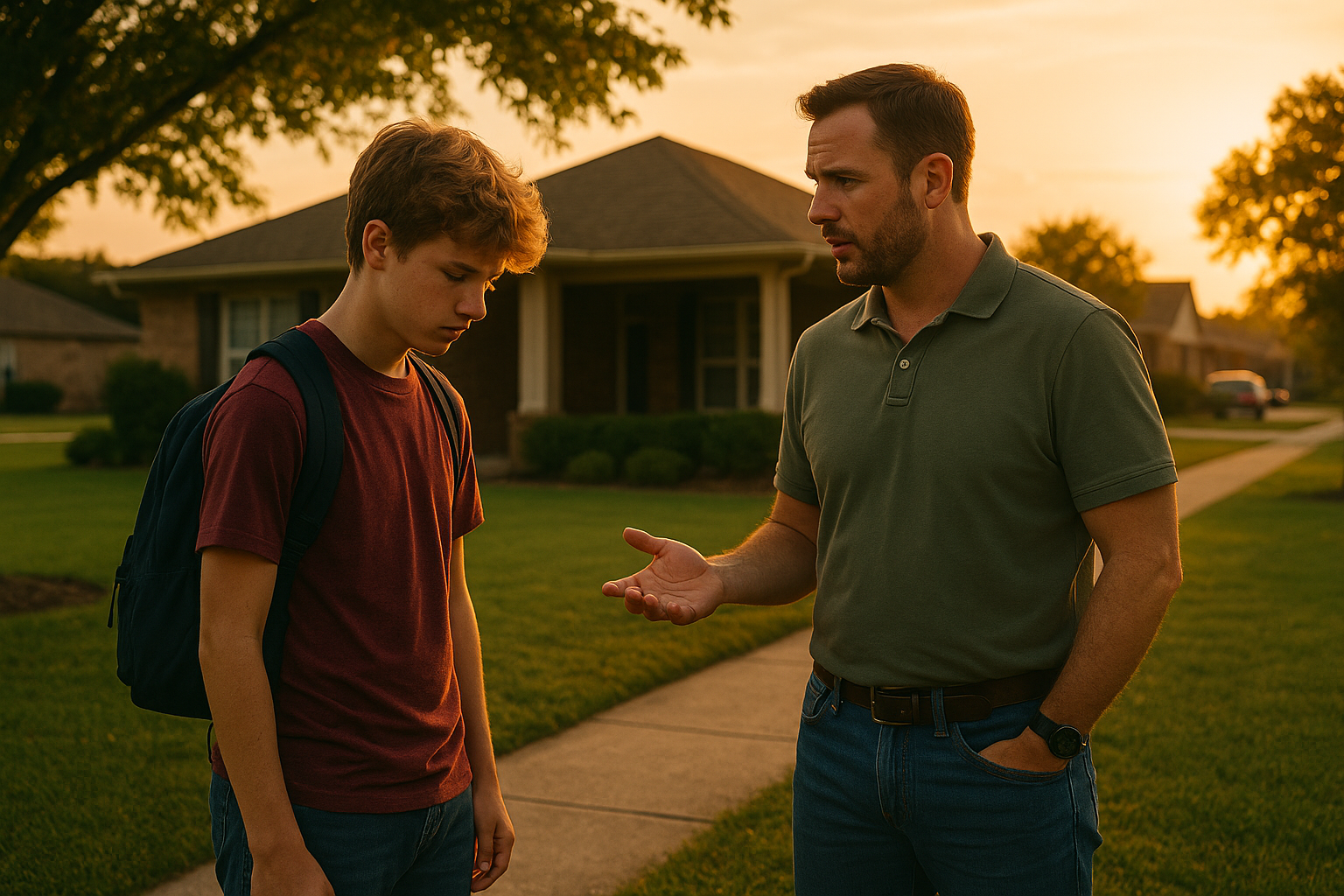 A father talks with his teenage son outside their Texas home at sunset, symbolizing family change and emotional conversation.