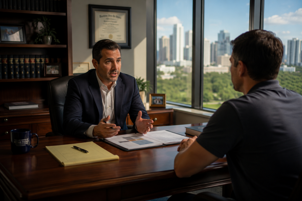 Attorney consulting with client in office about Texas custody modification and material and substantial change
