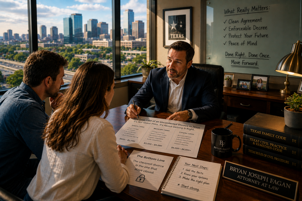 Attorney explaining uncontested divorce cost tiers to a couple in a modern Texas office with city skyline view