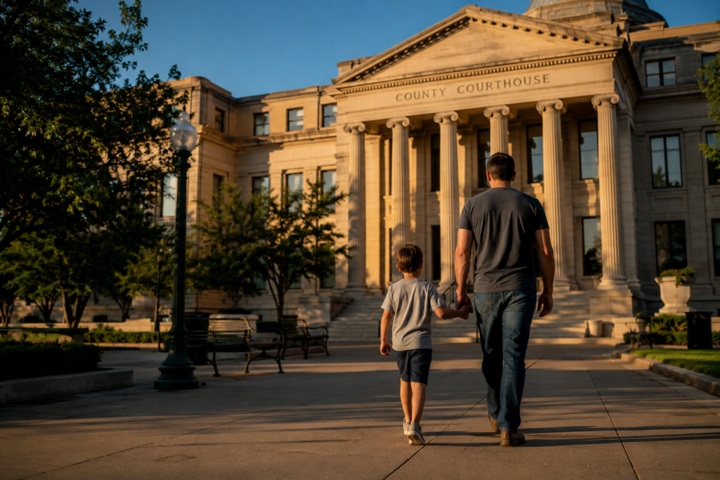 Father and child walking toward courthouse at sunset symbolizing custody decisions and legal changes in Texas family law