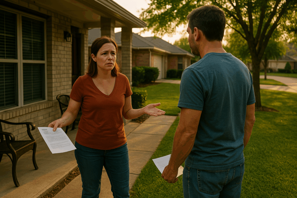 A woman stands on the front porch of a suburban Texas home on a summer afternoon, holding paperwork and speaking with concern to a man holding documents. The warm, golden light highlights the emotional tension as they discuss child support modification, symbolizing financial and family changes.