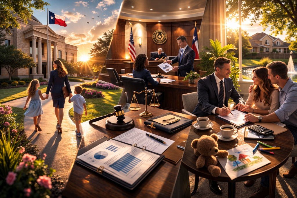 Wide-angle cinematic image showing a Texas family law attorney advising a couple at a conference table with courthouse and peaceful family scenes in the background, symbolizing guidance and stability during a contested divorce.