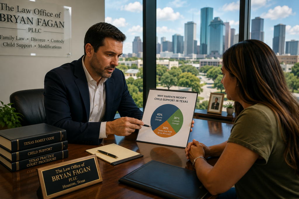 Attorney explaining reasons for child support modification to client in Houston office with chart showing income, custody, and time changes