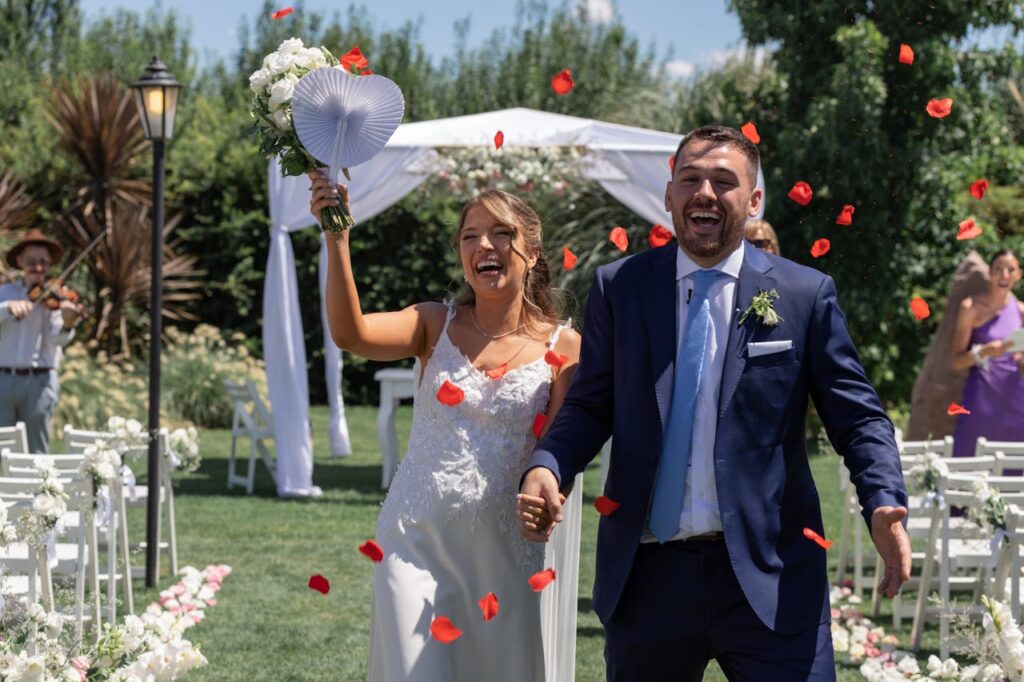newlywed couple laughing