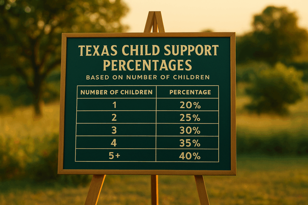 A chart showing Texas child support percentages based on the number of children.