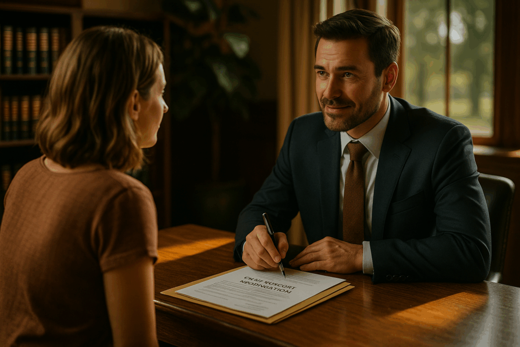 A child support modification attorney consulting with a client.
