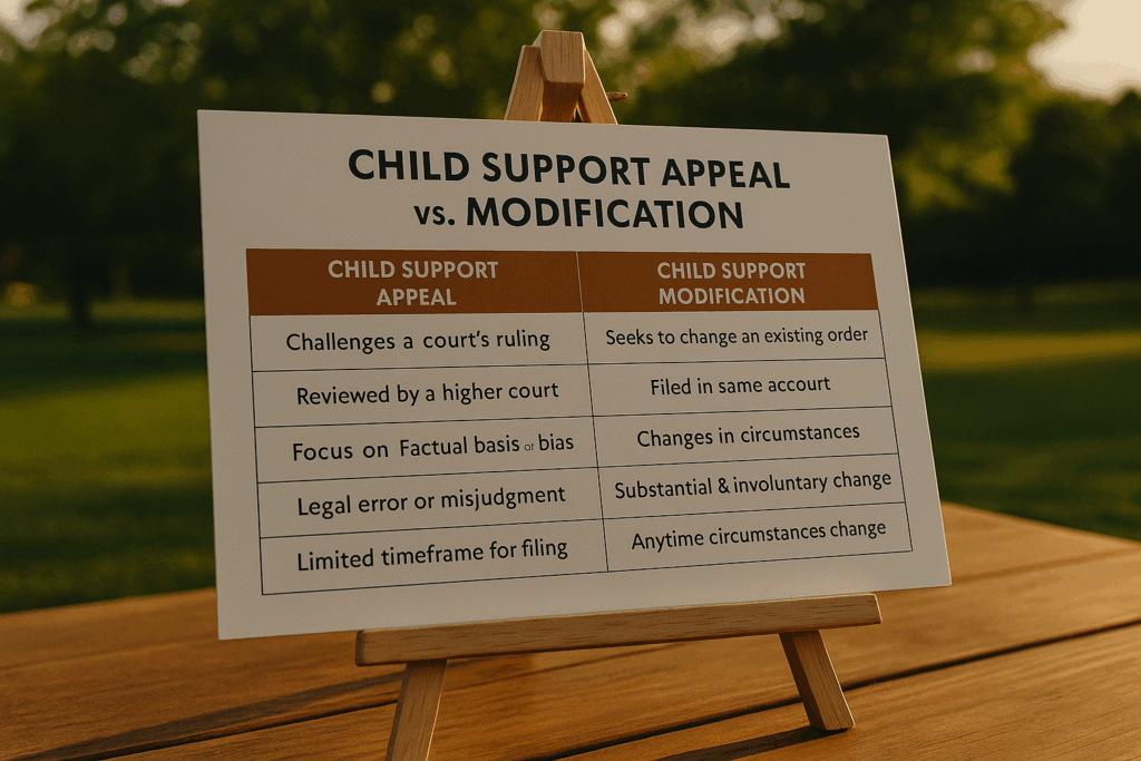A comparison chart of child support appeals and modifications.