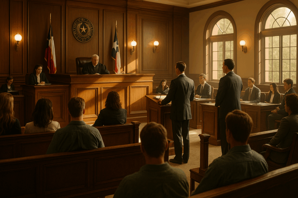 A courtroom scene illustrating the legal framework for child support in Texas.