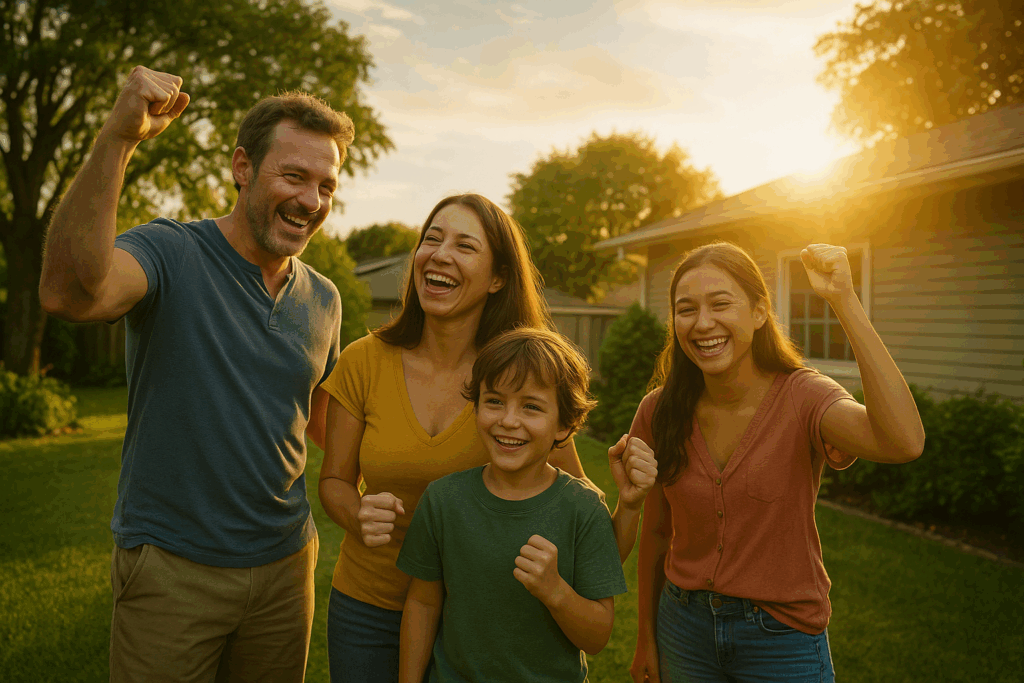 A family celebrating a successful child support modification.