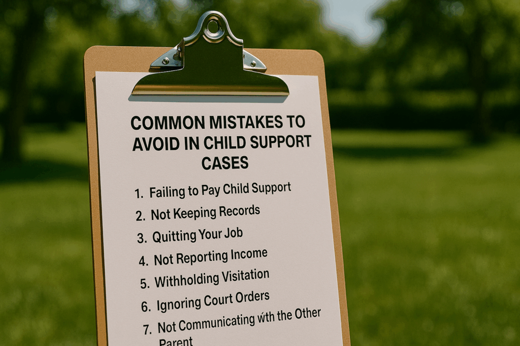 A list of common mistakes to avoid in child support cases on a clipboard.