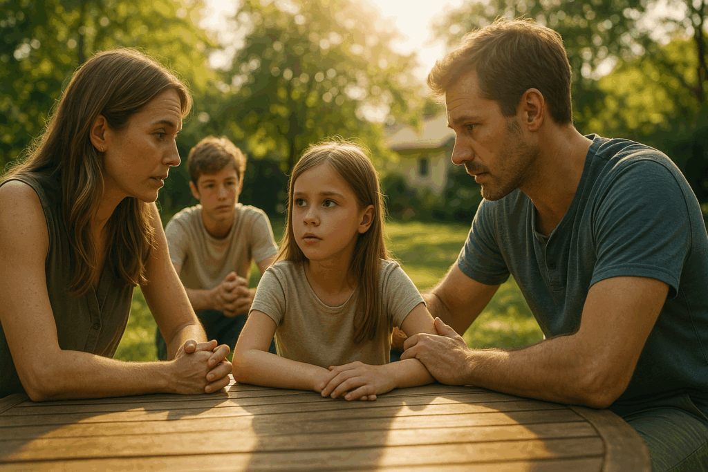 A family discussing the best interests of a child in a supportive environment.